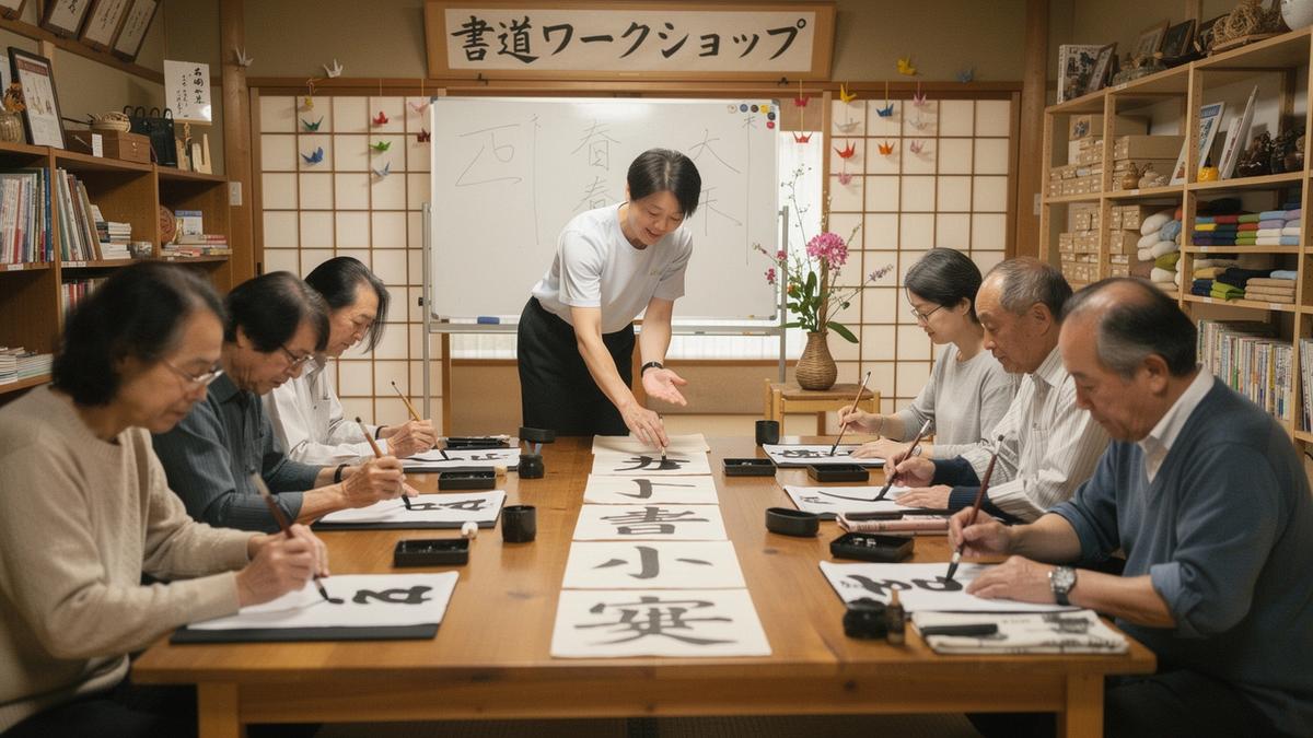 書道や季節行事を体験する文化ワークショップの場面