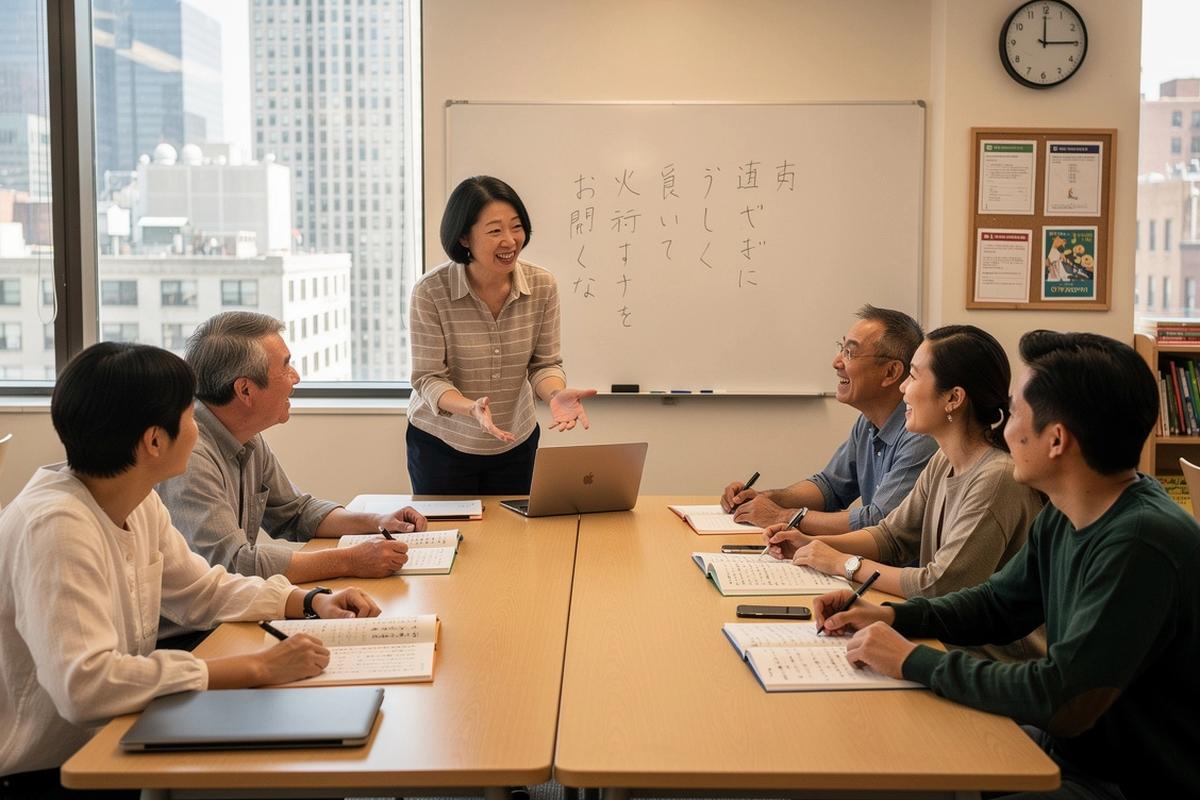 日本語の対面グループ授業で学ぶ大人の受講生と講師