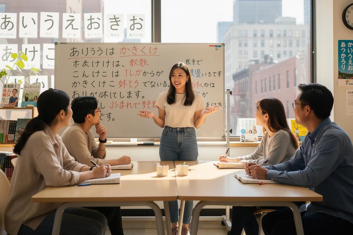 教室で会話練習をする日本語学習者と講師